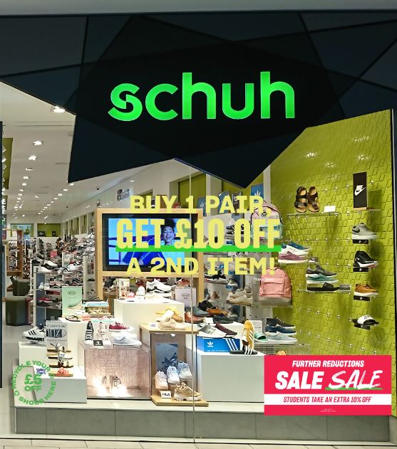 Get £10/€10 off a second full item at Schuh in New Square West Bromwich